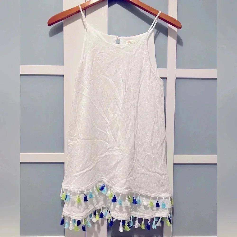 Hailey Lyn Sleeveless Layered Halter Tank Coverup White Colorful Tassels S EUC